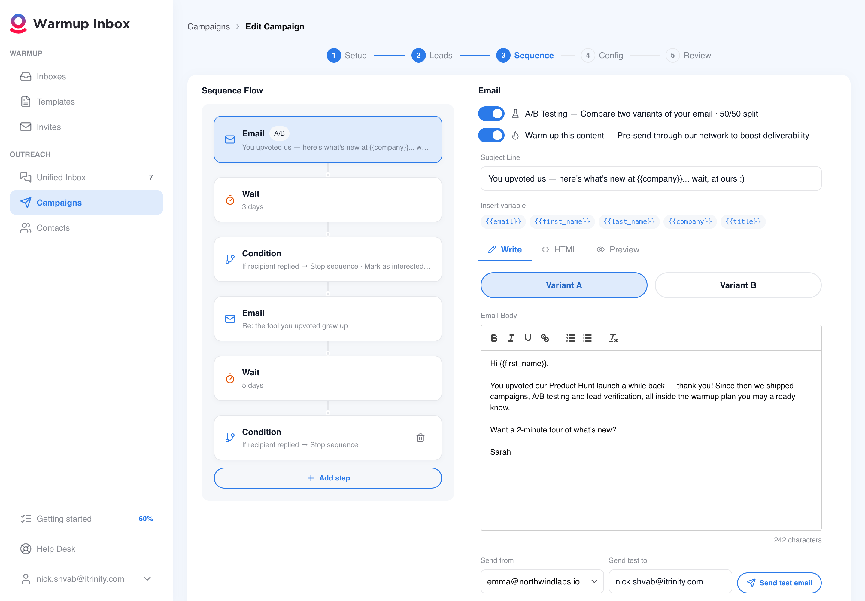 Email step editor with the Warm up this content toggle and A/B variant tabs