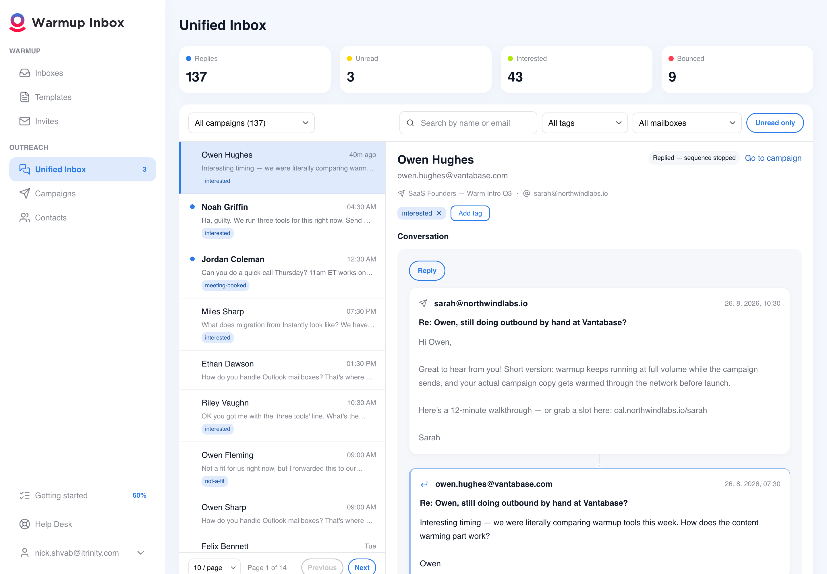 Unified Inbox with campaign reply conversations and an open thread