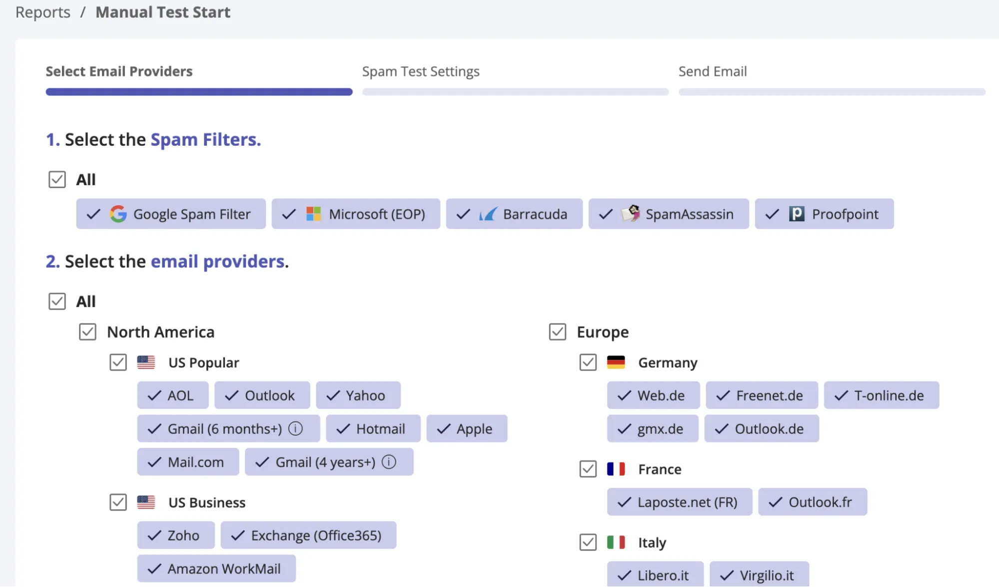 GlockApps dashboard showing inbox placement test results by provider