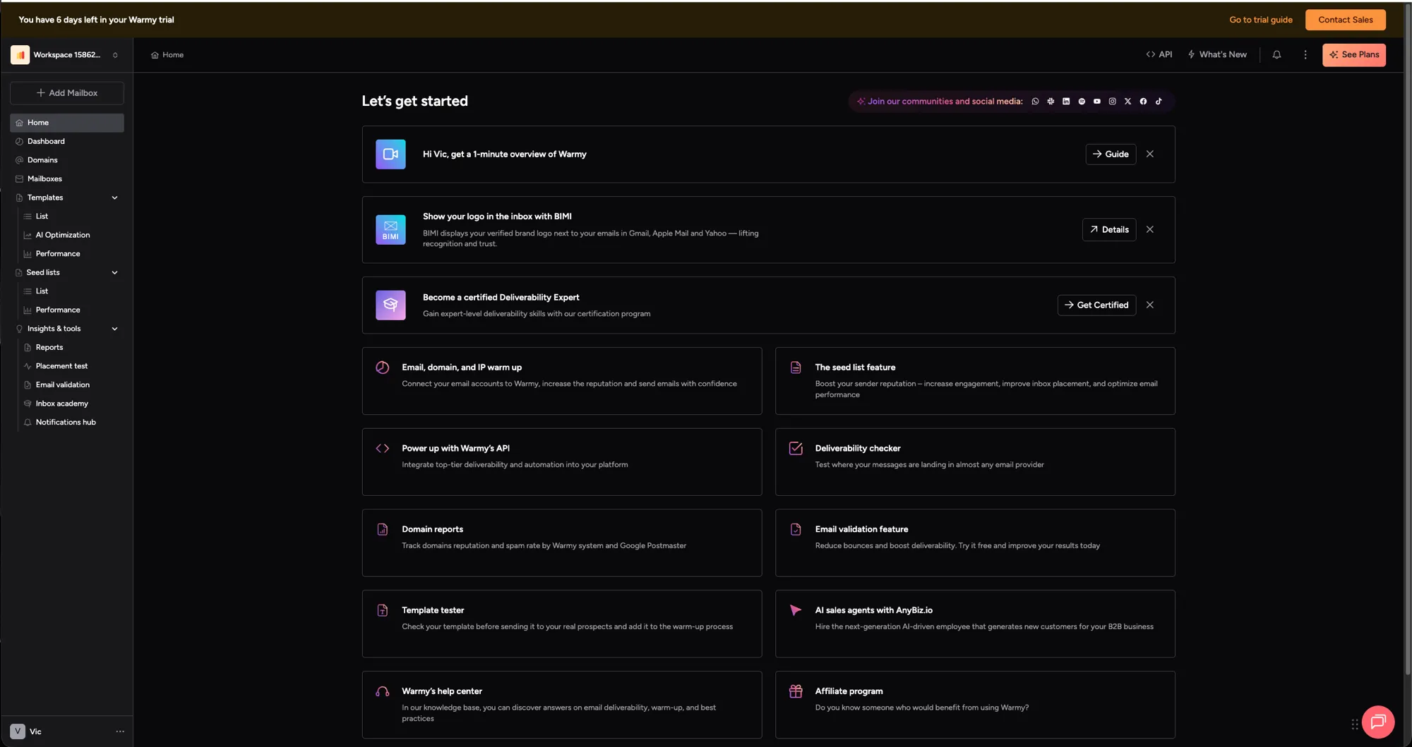 Warmy dashboard showing warmup and deliverability features