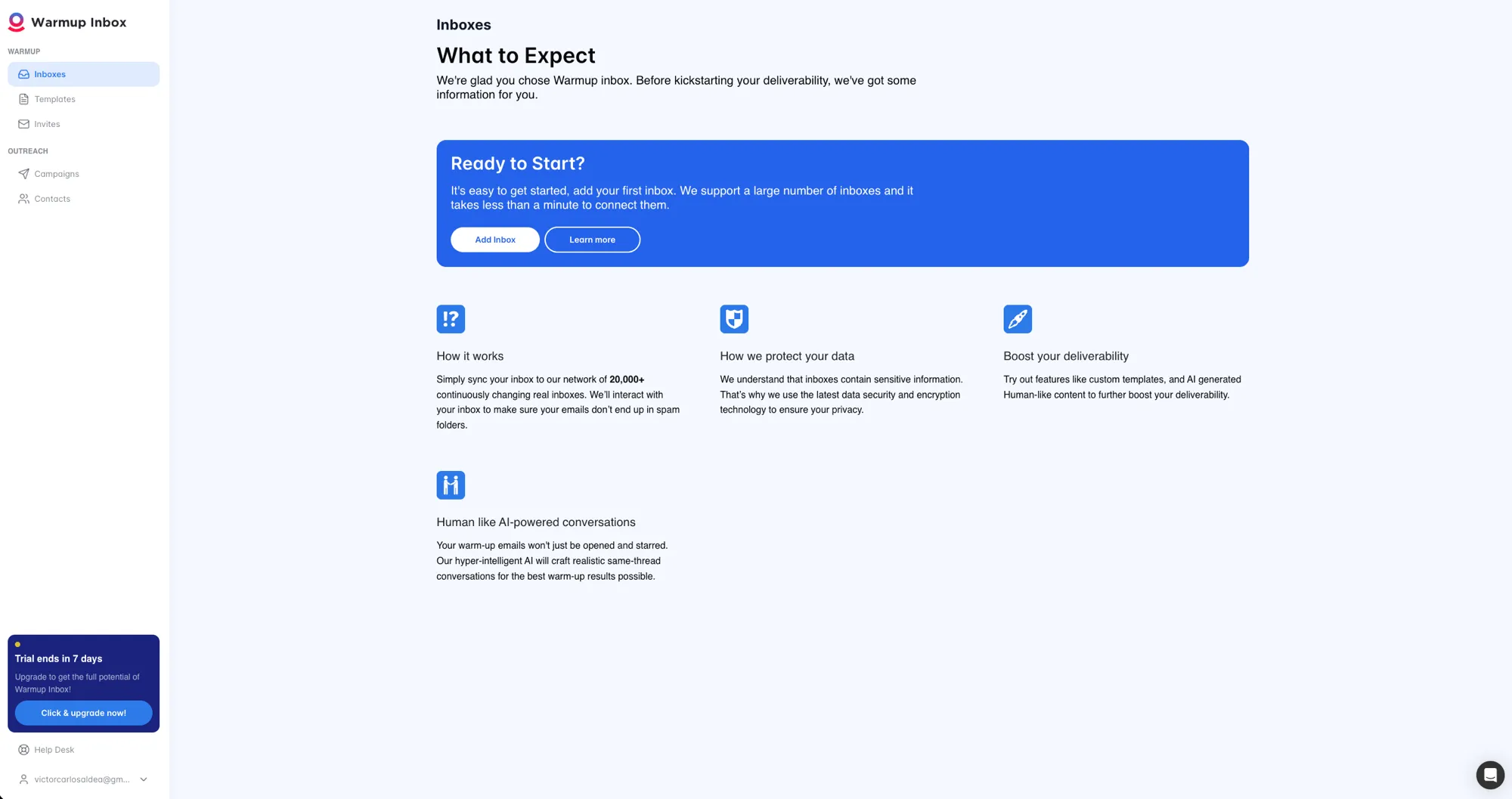 Warmupinbox dashboard showing features